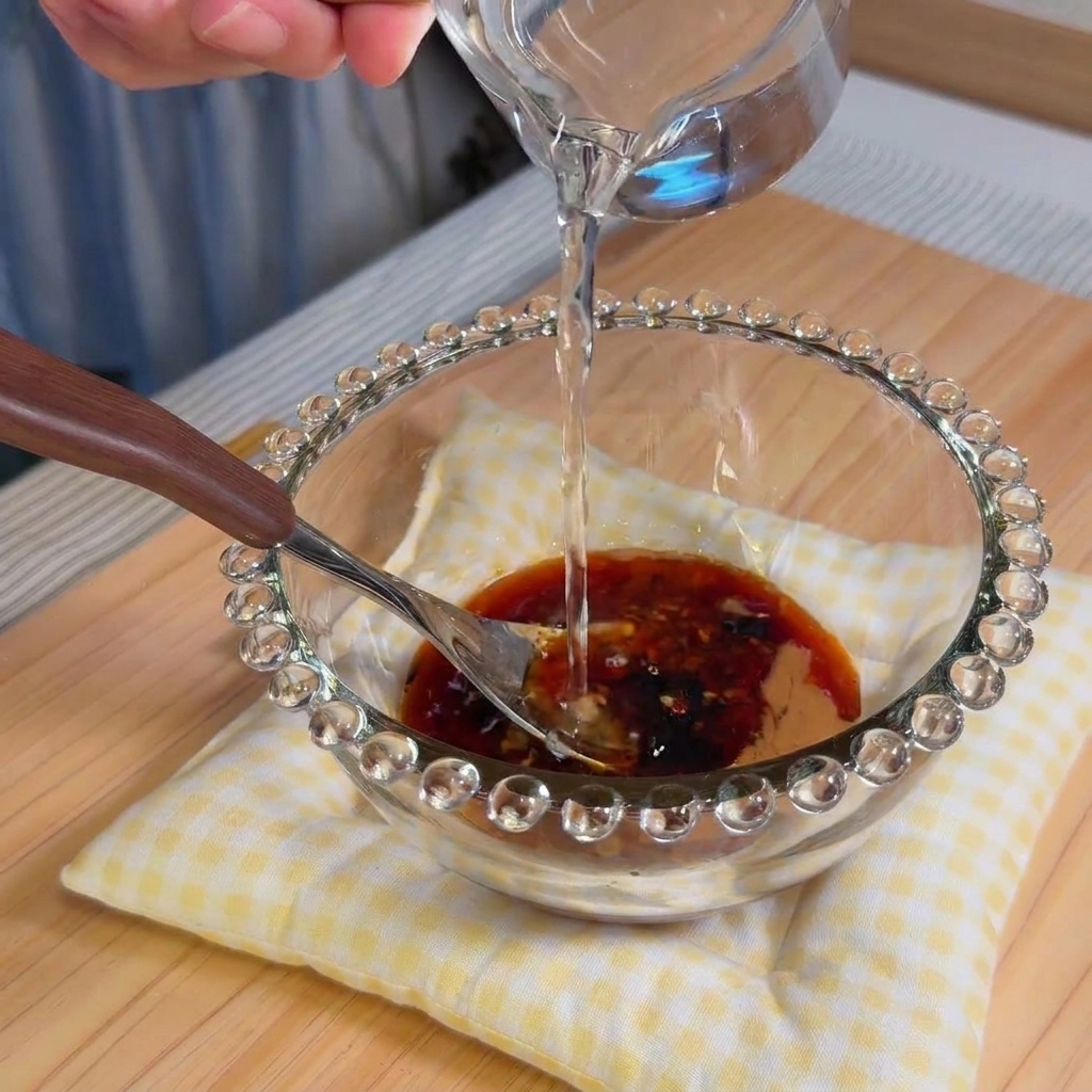 Agua siendo incorporada lentamente a la mezcla espesa de sésamo mientras se bate para obtener una consistencia suave.