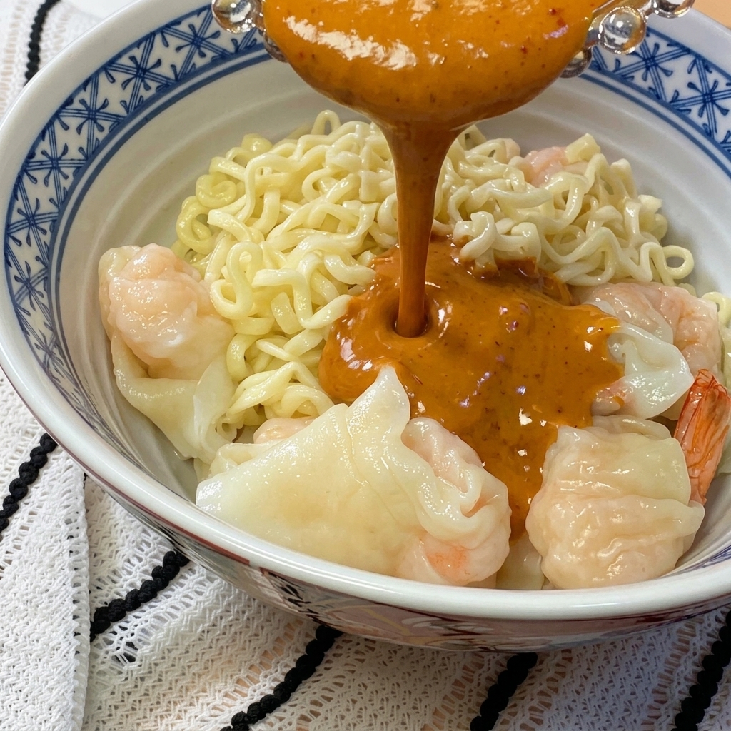 Primer plano de un cucharón vertiendo la salsa espesa de sésamo sobre un tazón de fideos cocidos con wontons.