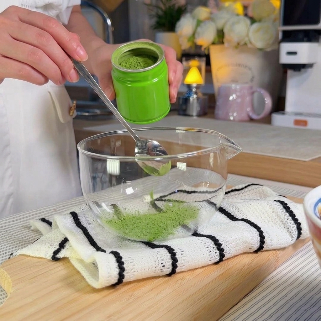 Alguien batiendo polvo de matcha con agua caliente en un recipiente de vidrio transparente para crear un concentrado suave.
