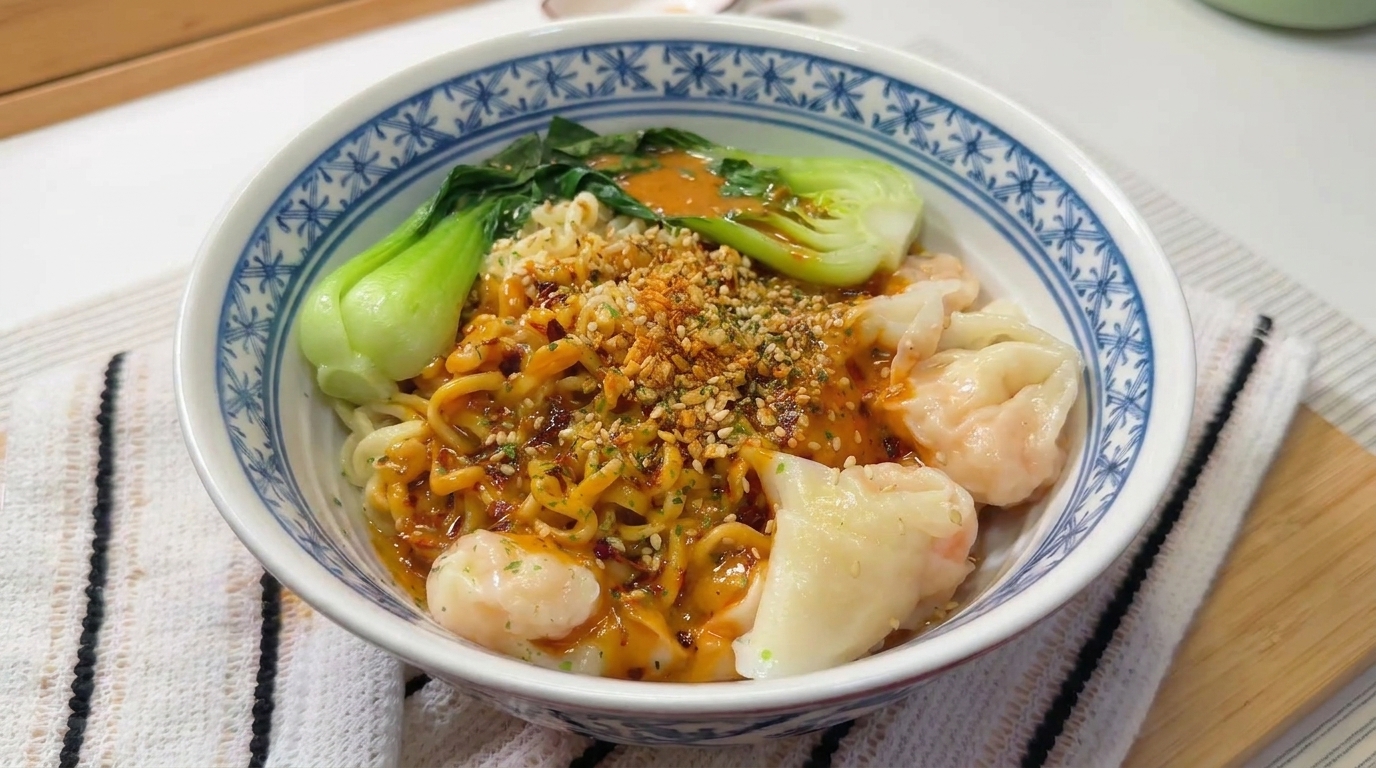 Fideos con Wonton de Camarones en Salsa de Sésamo Picante