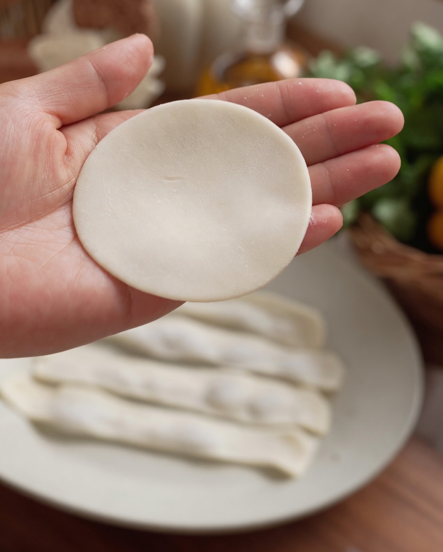 Primer plano de una mano sosteniendo masa redonda para dumpling y aplicando un poco de agua en el borde.