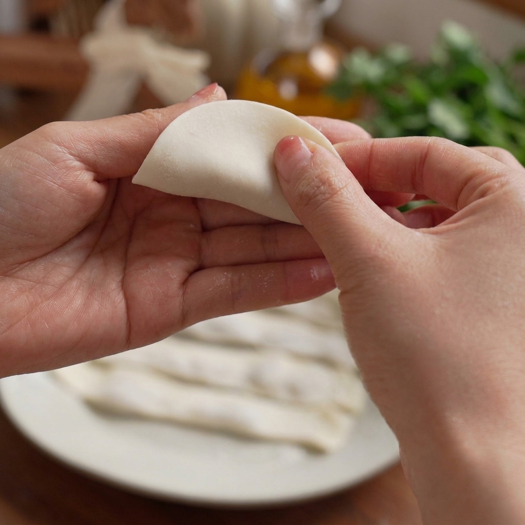 Manos doblando y sellando la masa sobre el relleno de pasta de camarones.