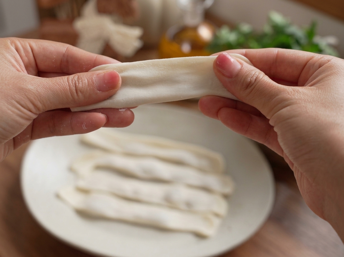 Manos estirando cuidadosamente un dumpling sellado para darle forma de fideo largo y plano.