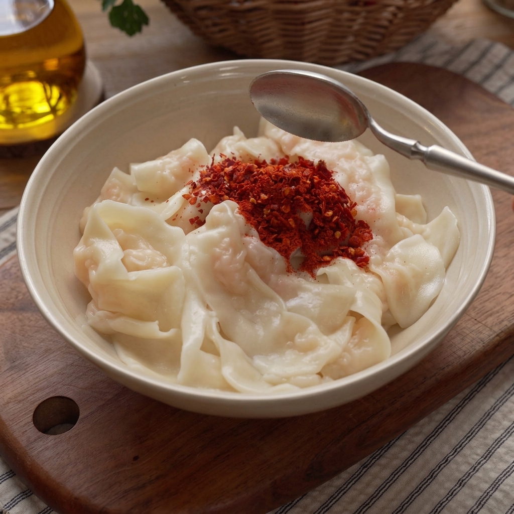 Un bol de fideos anchos cocidos cubiertos con montones de chile rojo en polvo, sésamo blanco y ajo picado.