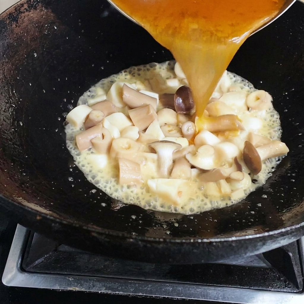 Caldo dorado de camarón vertiéndose en un wok lleno de champiñones salteados.