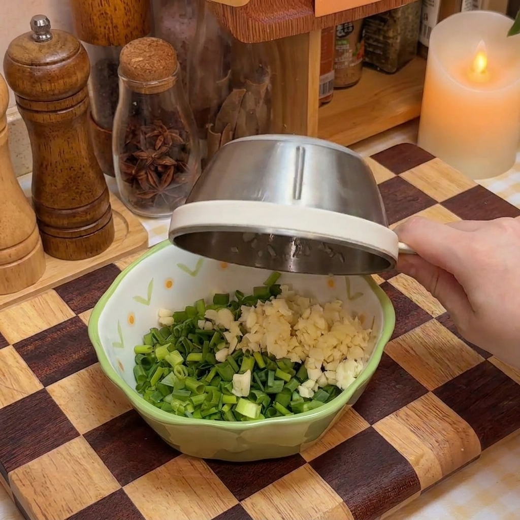 Un pequeño recipiente con una mezcla de cebollines picados, ajo y condimentos siendo preparada sobre una tabla de madera.