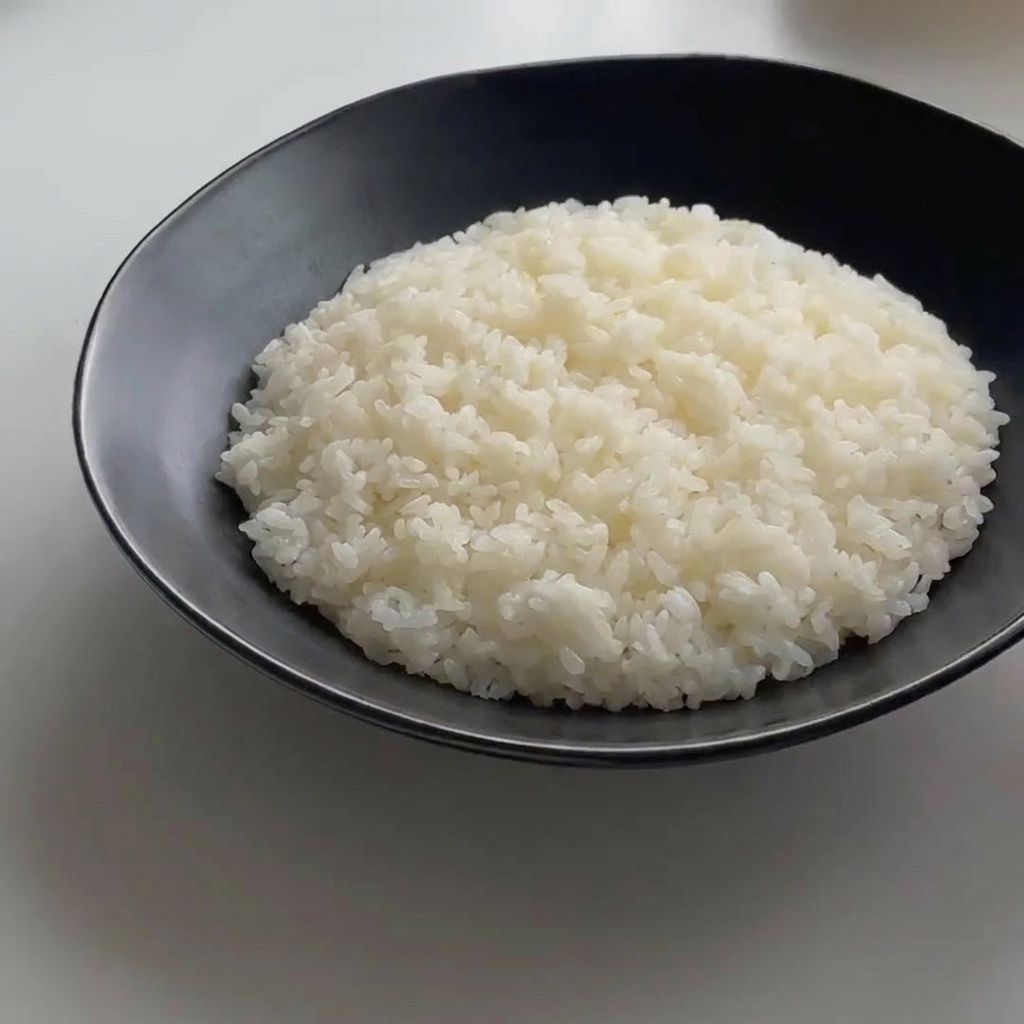 Un huevo perfectamente cocinado sobre un montón de arroz blanco en un cuenco negro.