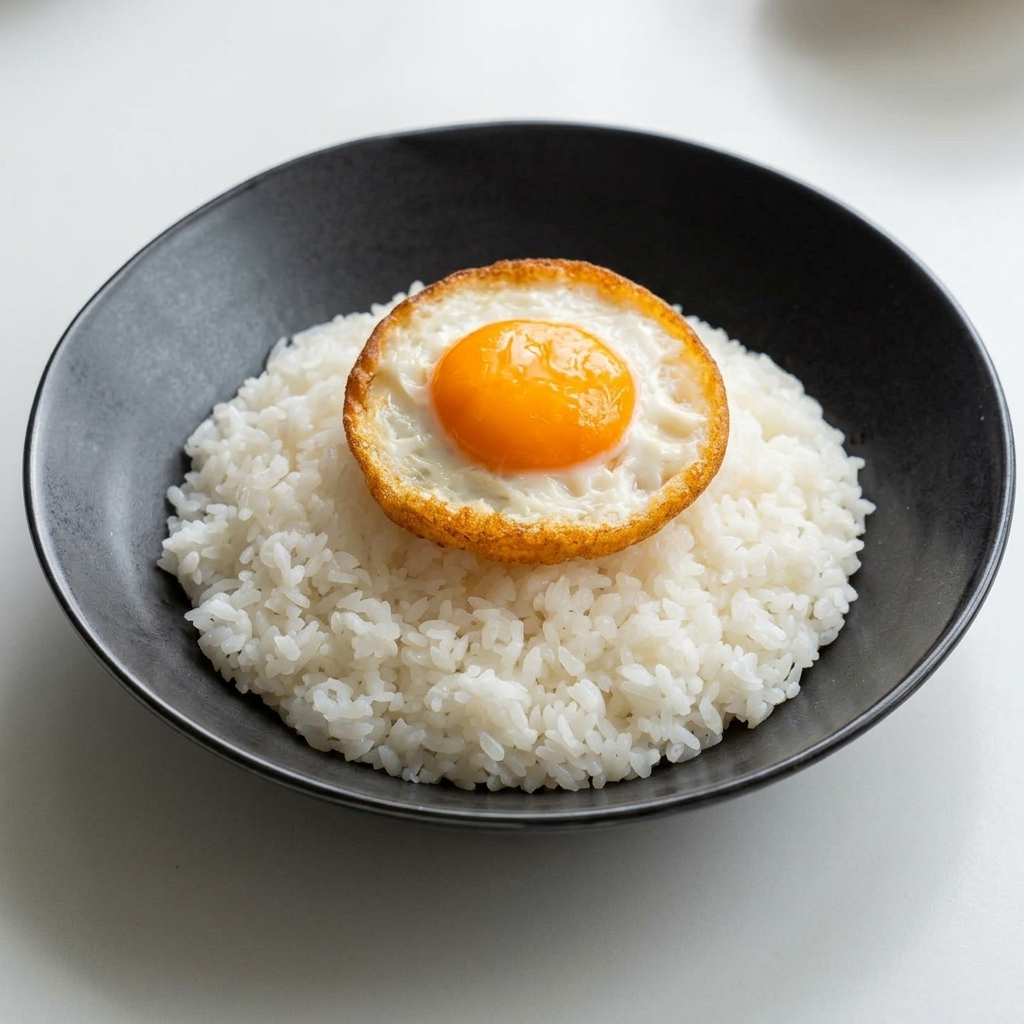 Lonchas de ternera cocinada y cebollas dispuestas artísticamente sobre arroz blanco alrededor de un huevo central.