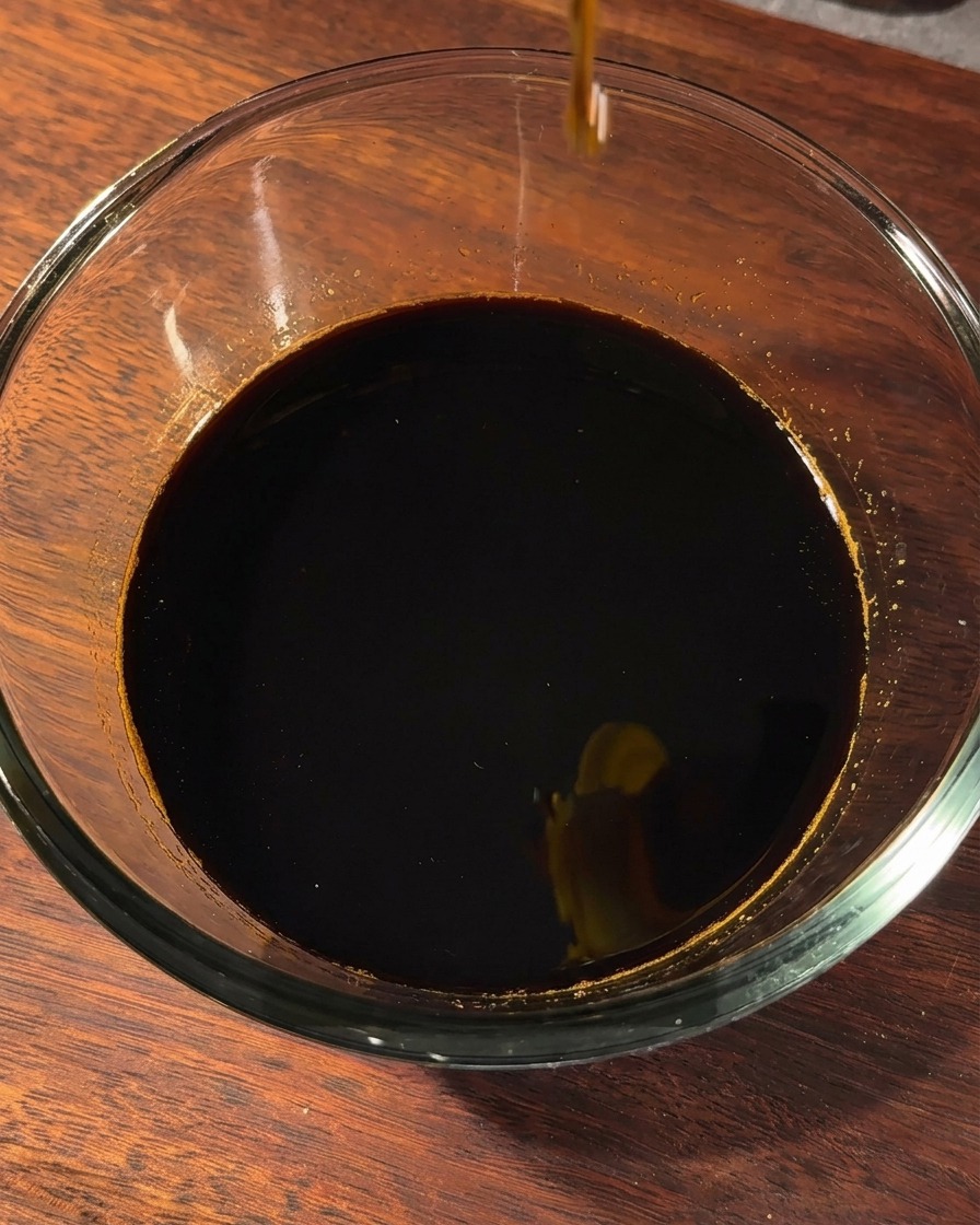 Un bol de cristal con la salsa oscura siendo aderezada con pimienta negra y aceite de sésamo.