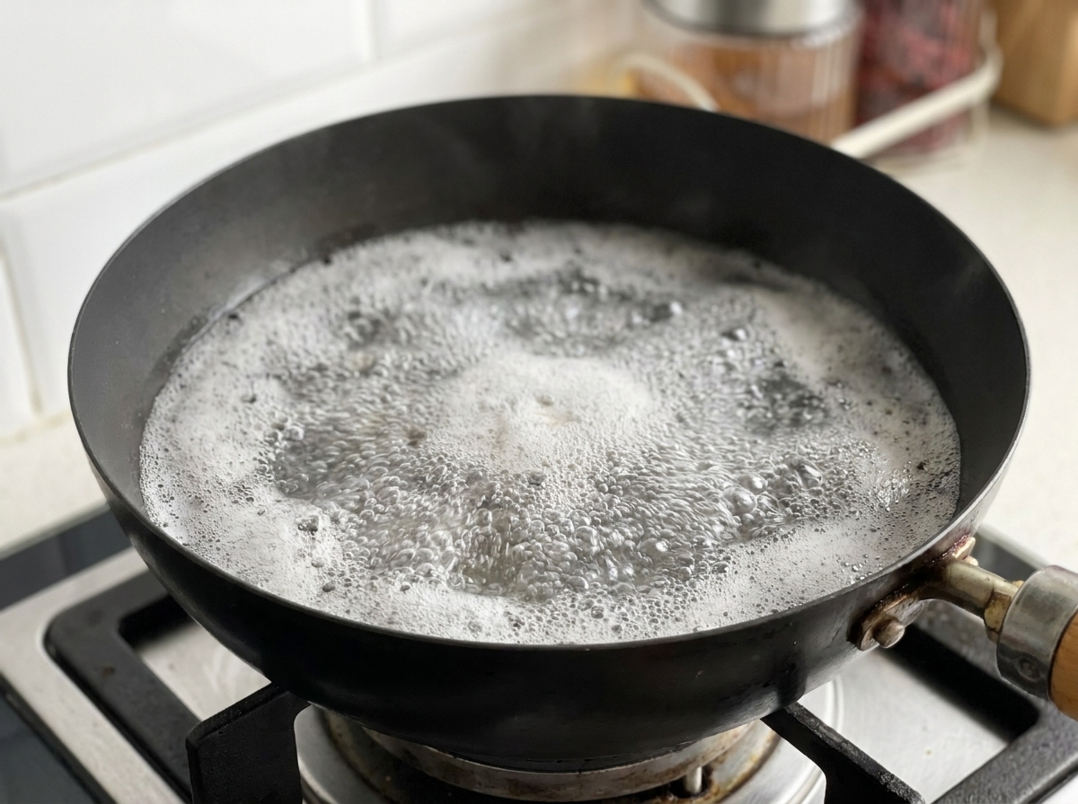 Láminas finas de carne hirviendo en una olla con agua.