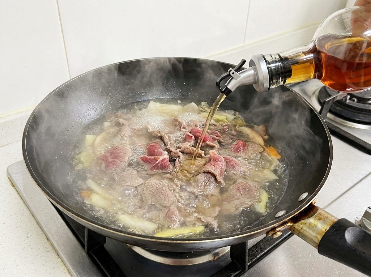 Vino de cocina vertiéndose en una sartén con carne hirviendo.