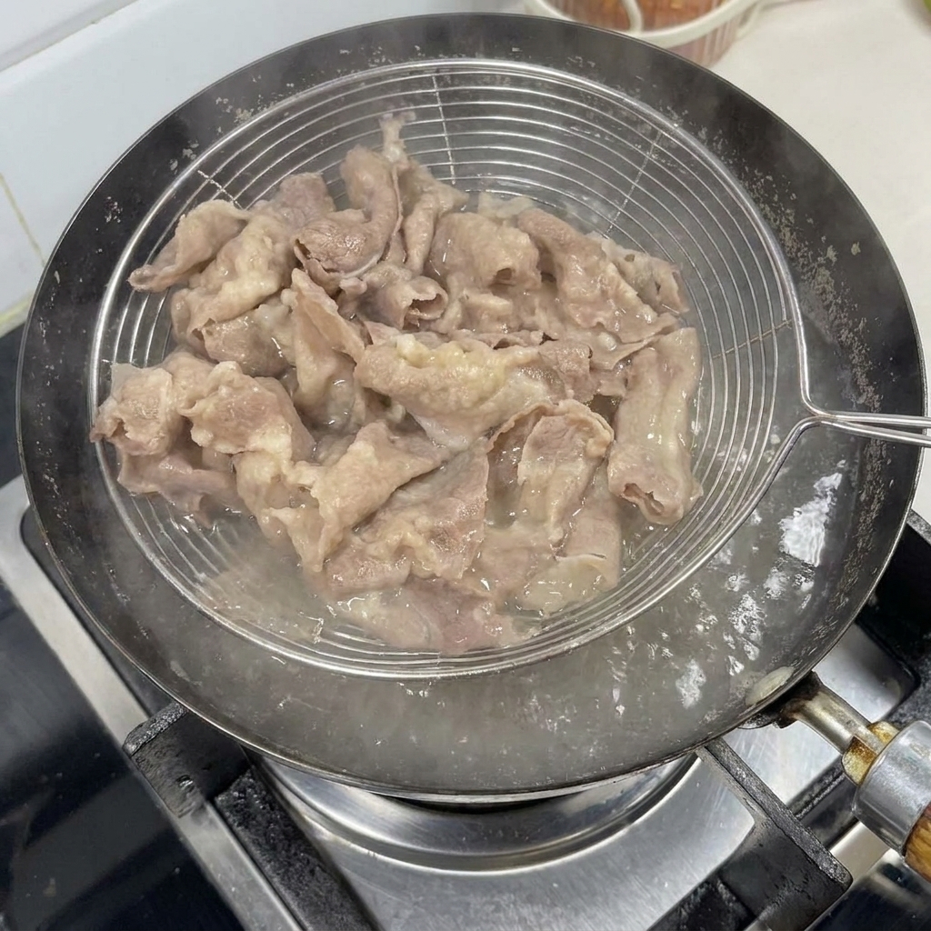 Carne escaldada retirándose del agua hirviendo con una espumadera.