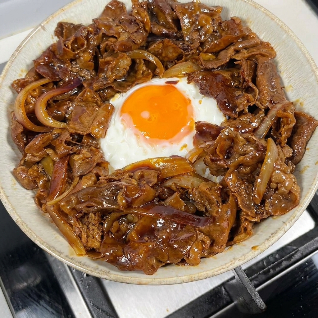 Un bol con arroz y un huevo central, rodeado de una porción de ternera teriyaki y cebolla.