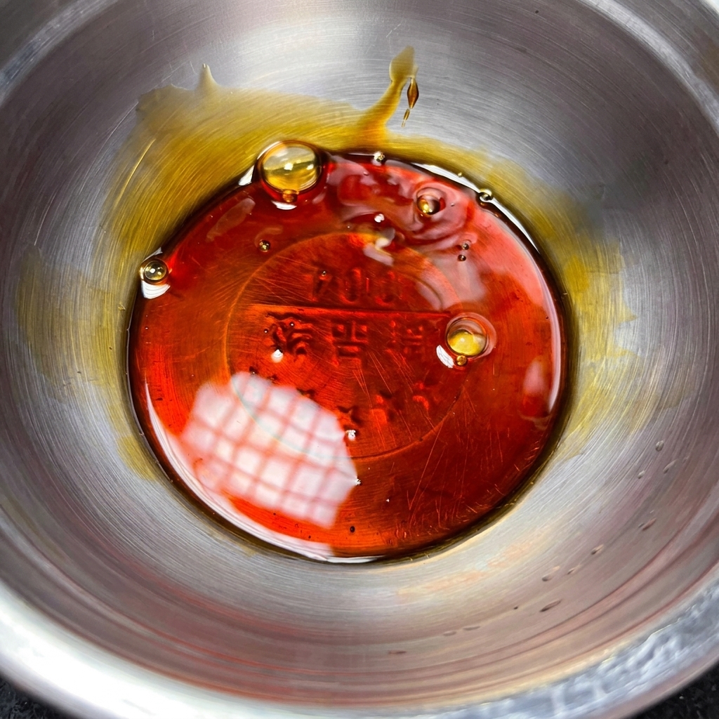 Un tazón de metal que contiene los ingredientes mezclados de la salsa teriyaki.