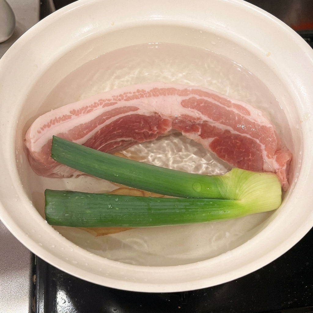 Vino para cocinar vertido en una olla que contiene la panceta, cebolla verde y jengibre.
