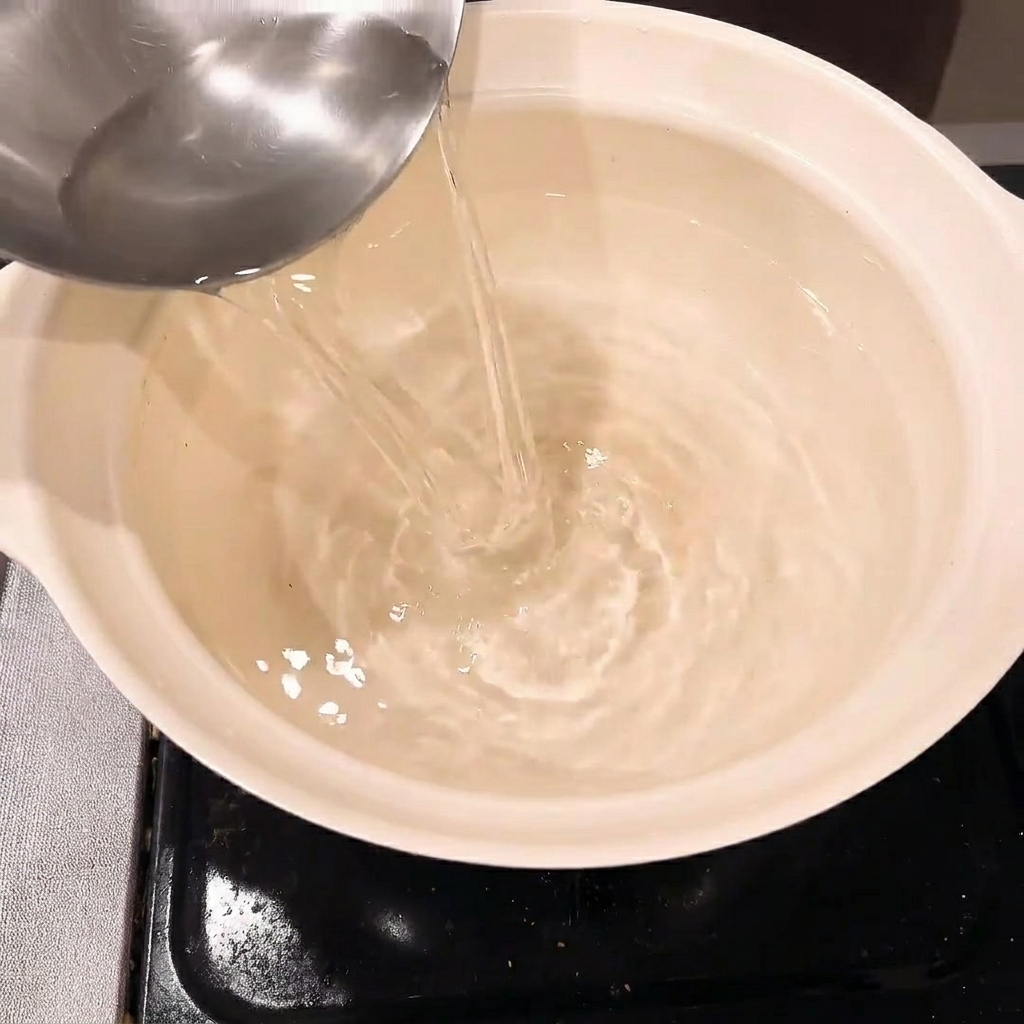 Ingredientes para la salsa de braseado, incluyendo pasta de miso y salsa de soja, mezclándose en una olla.