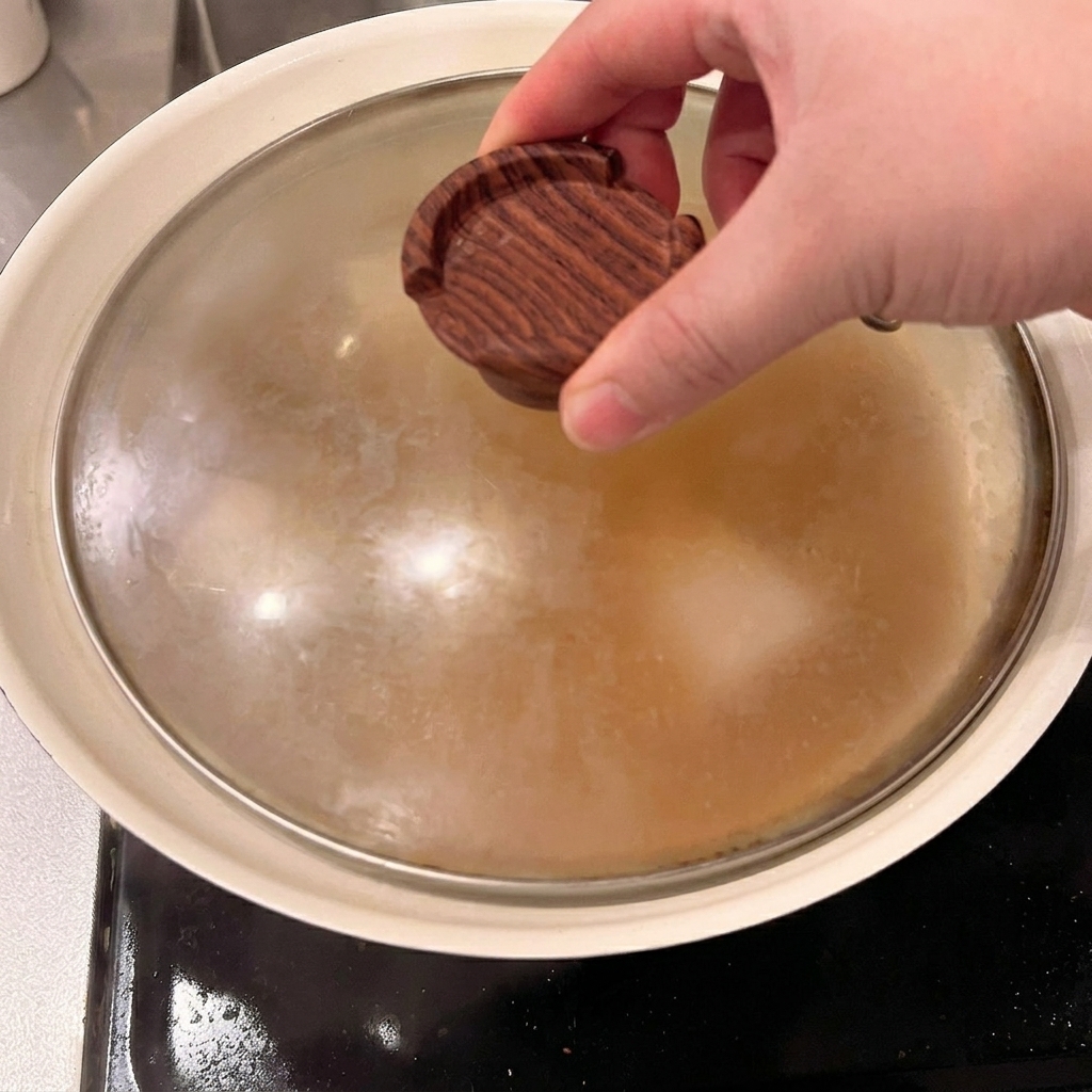 Una olla tapada en la estufa, cocinando el cerdo a fuego bajo.
