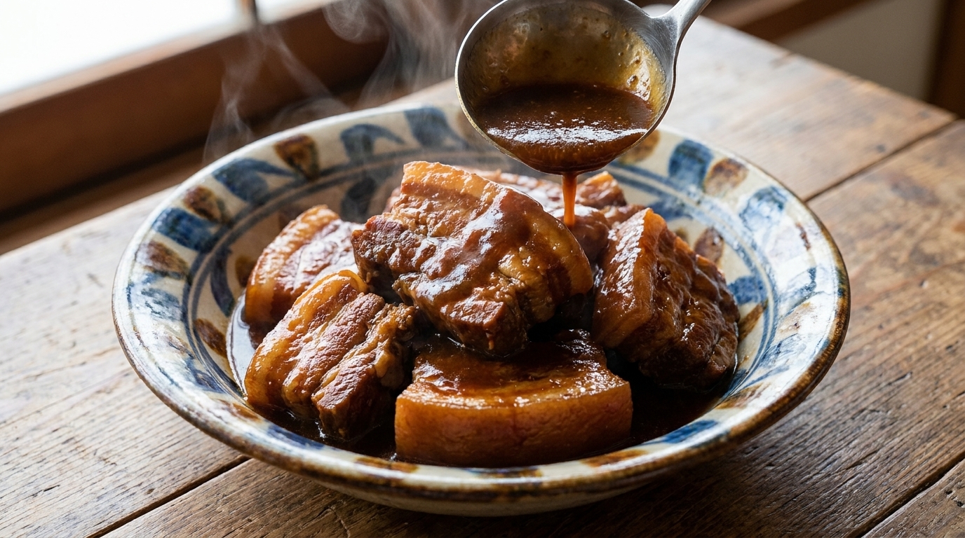 Trozos de panceta de cerdo tiernos glaseados en una salsa de miso rica y brillante, servidos en un cuenco de cerámica tradicional.