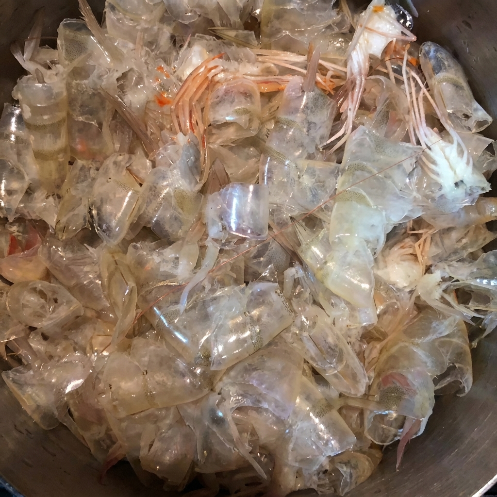 Primer plano de cáscaras de camarón crudas y limpias en una olla de acero inoxidable.