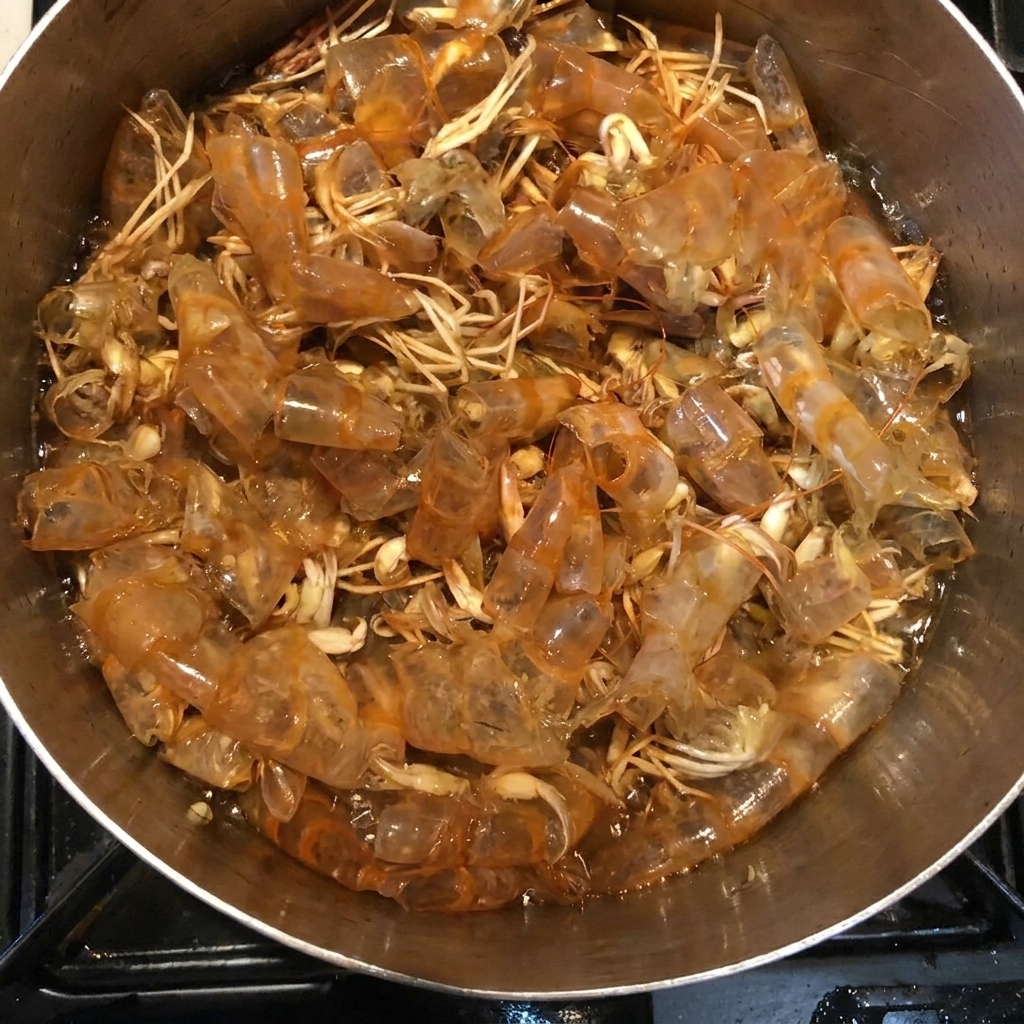 La olla con las cáscaras de camarón siendo llenada con sake, mirin, salsa de soja y azúcar.