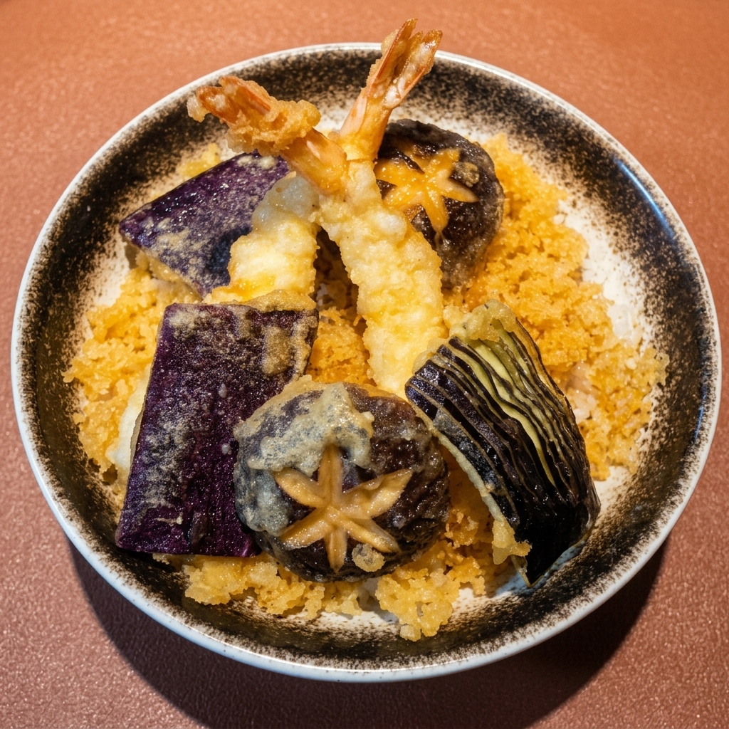 Un tazón de Tempura Donburi estilo japonés con camarones fritos y berenjena sobre una base de arroz y migas.