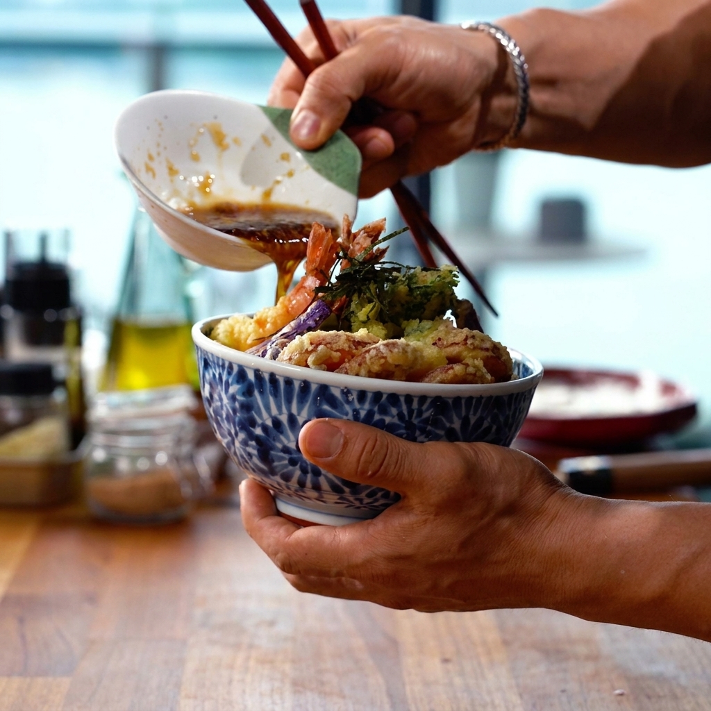 Salsa de tempura caliente siendo vertida desde un cucharón de cerámica blanca sobre un tazón de tempura y arroz recién fritos.