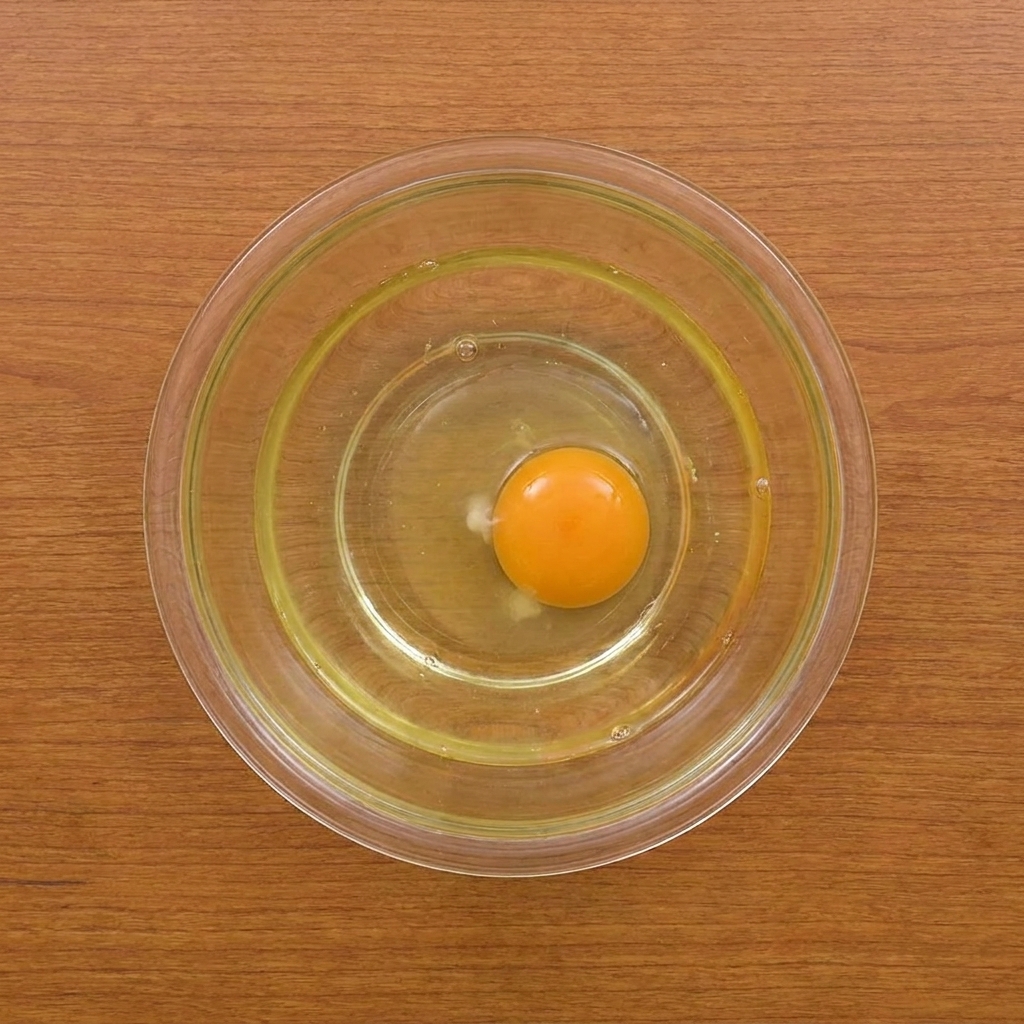 Un bowl de cristal que contiene un huevo y agua siendo batidos, con harina y almidón siendo añadidos para crear un rebozado suave.