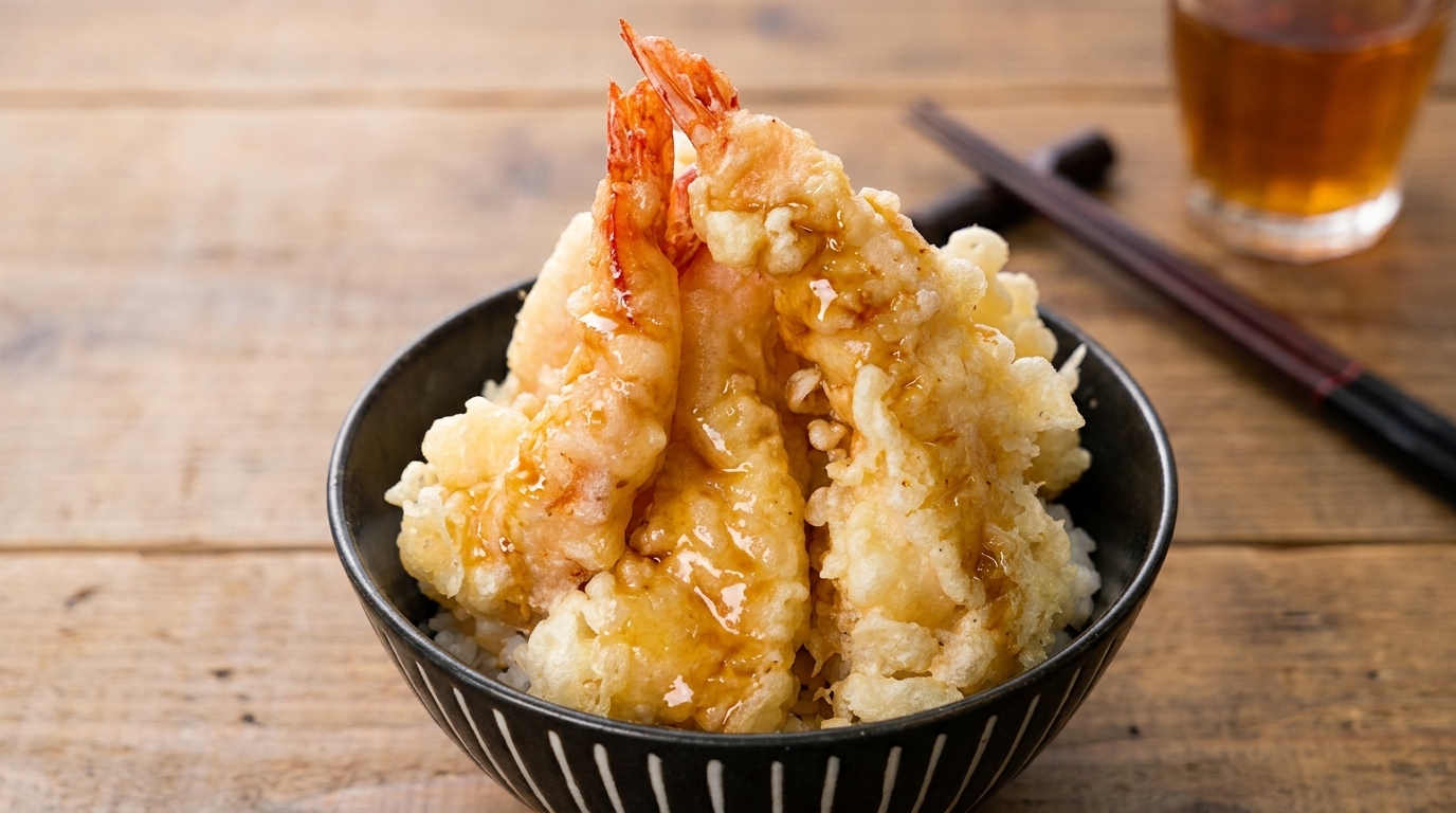 Un bowl clásico de arroz con tempura de camarones, con camarones dorados y crujientes sobre arroz blanco esponjoso y un toque de salsa.