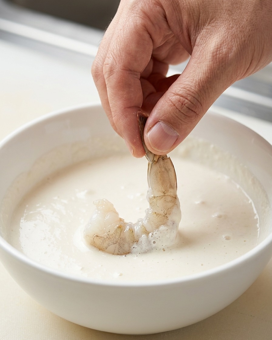 Un camarón siendo sumergido en un tazón con masa blanca y suave para tempura.