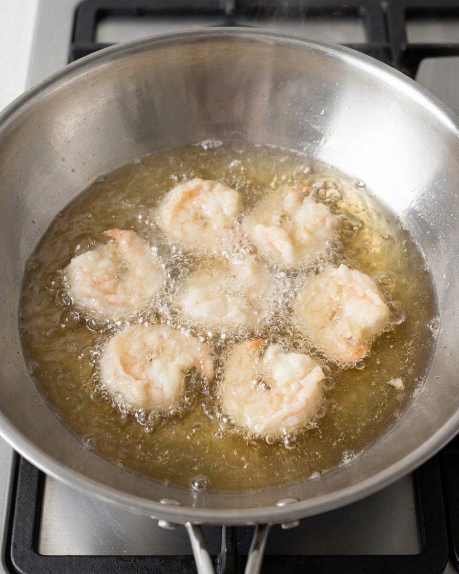 Varios camarones rebozados friéndose en una olla con aceite caliente burbujeante.
