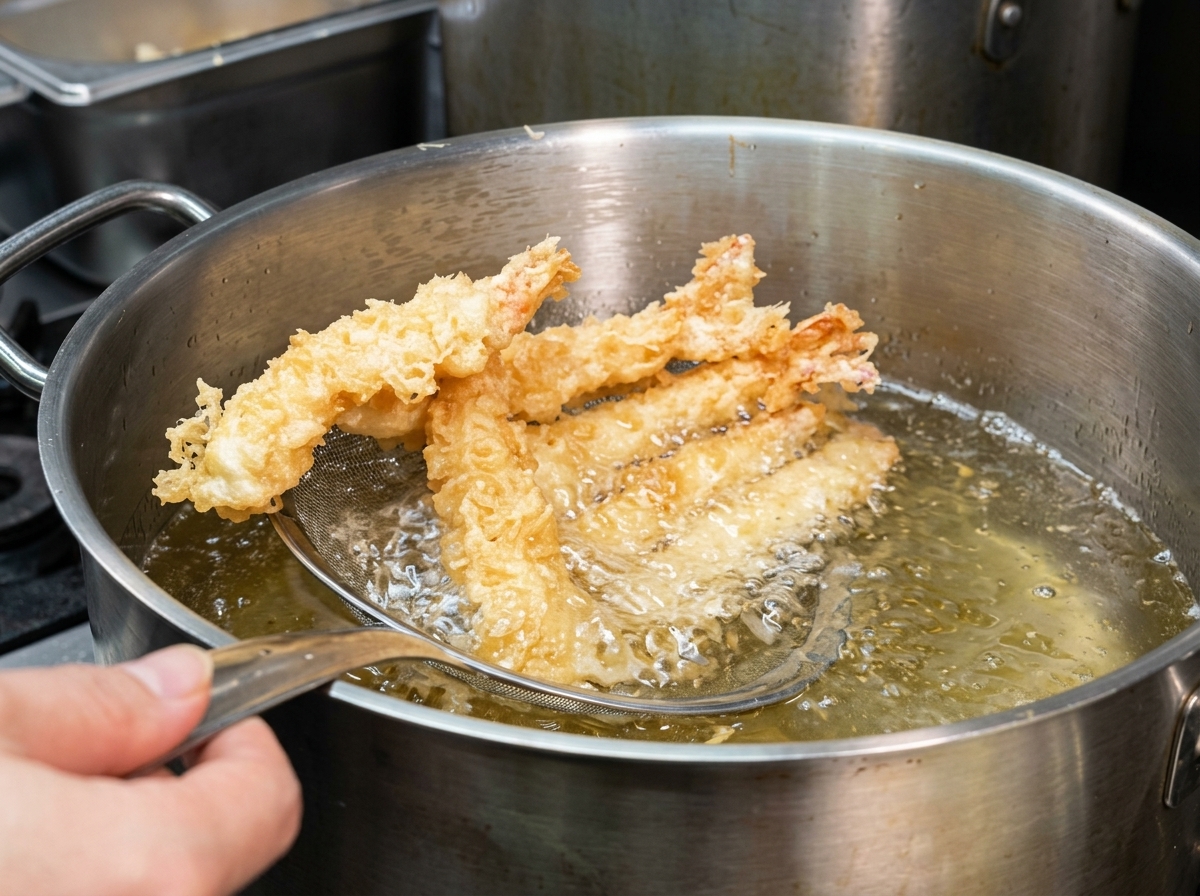 Camarones en tempura friéndose en aceite caliente, tornándose dorados.