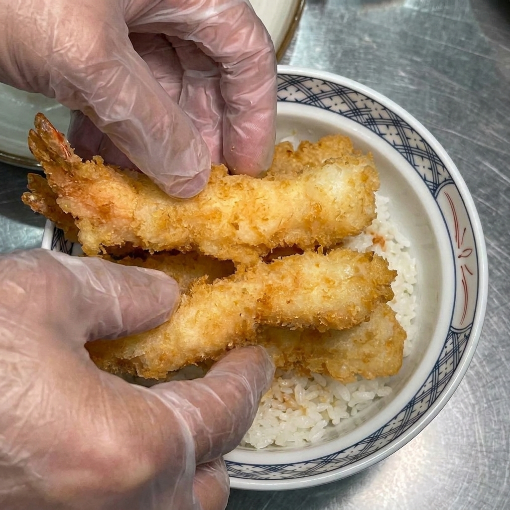 Camarones en tempura siendo colocados sobre arroz blanco en un tazón decorativo.