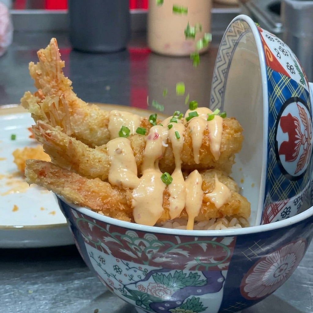Cebollinos picados siendo espolvoreados sobre un tazón de arroz con tempura terminado.