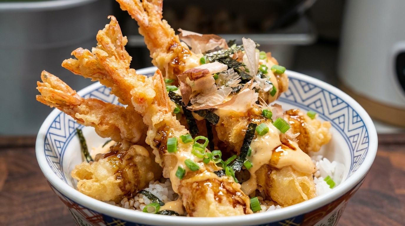 Tazón de Arroz con Tempura de Camarón (Ten Don) Crujiente