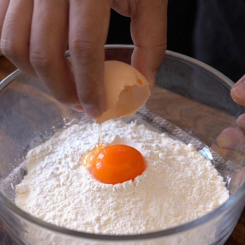Un bol que contiene yemas de huevo, harina, maicena y agua, mezclándose para formar una masa de tempura suave.