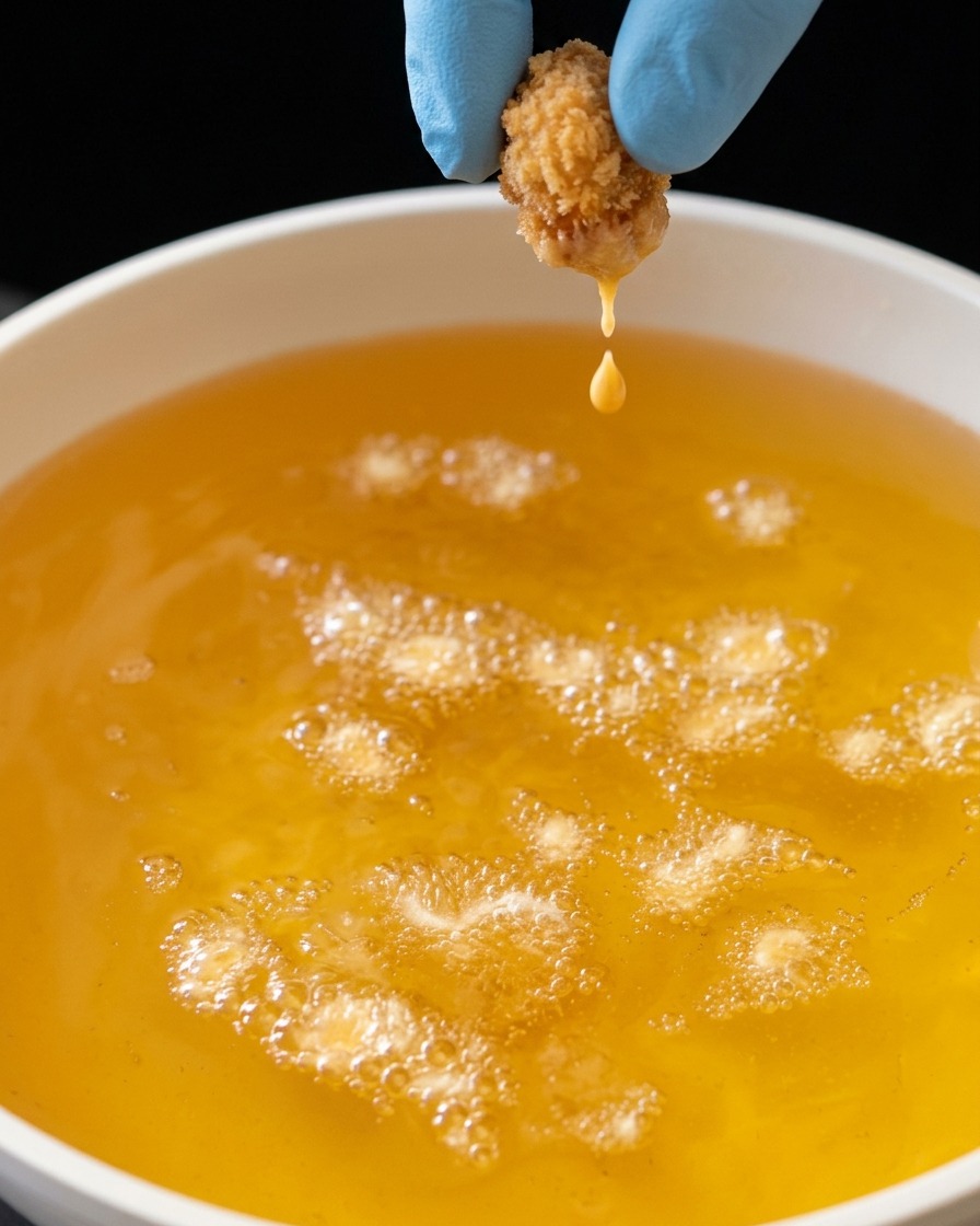 Trozos crujientes de masa friéndose en aceite caliente creando una textura dorada y crujiente.