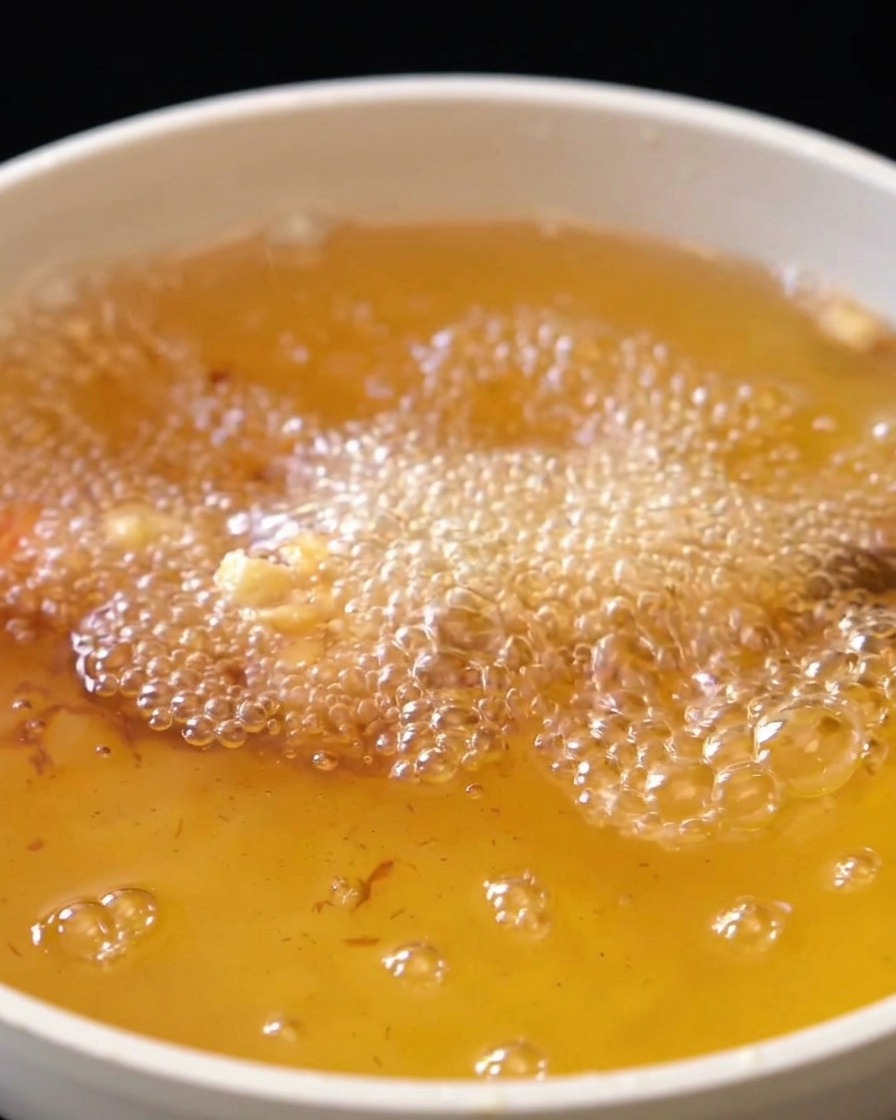 Camarones cubiertos de masa de tempura friéndose en aceite caliente rodeados de burbujas.