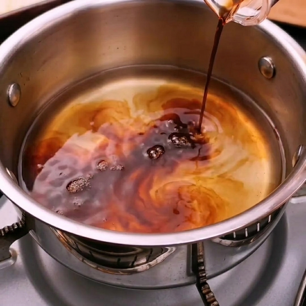 Salsa de soja oscura vertida en una olla con caldo de bonito sobre una estufa.