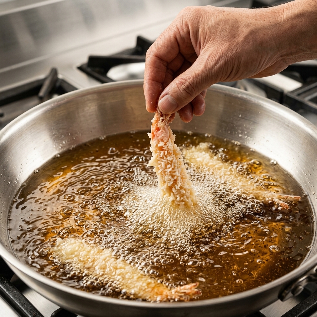 Una mano sumergiendo un camarón rebozado en una sartén con aceite caliente burbujeante.