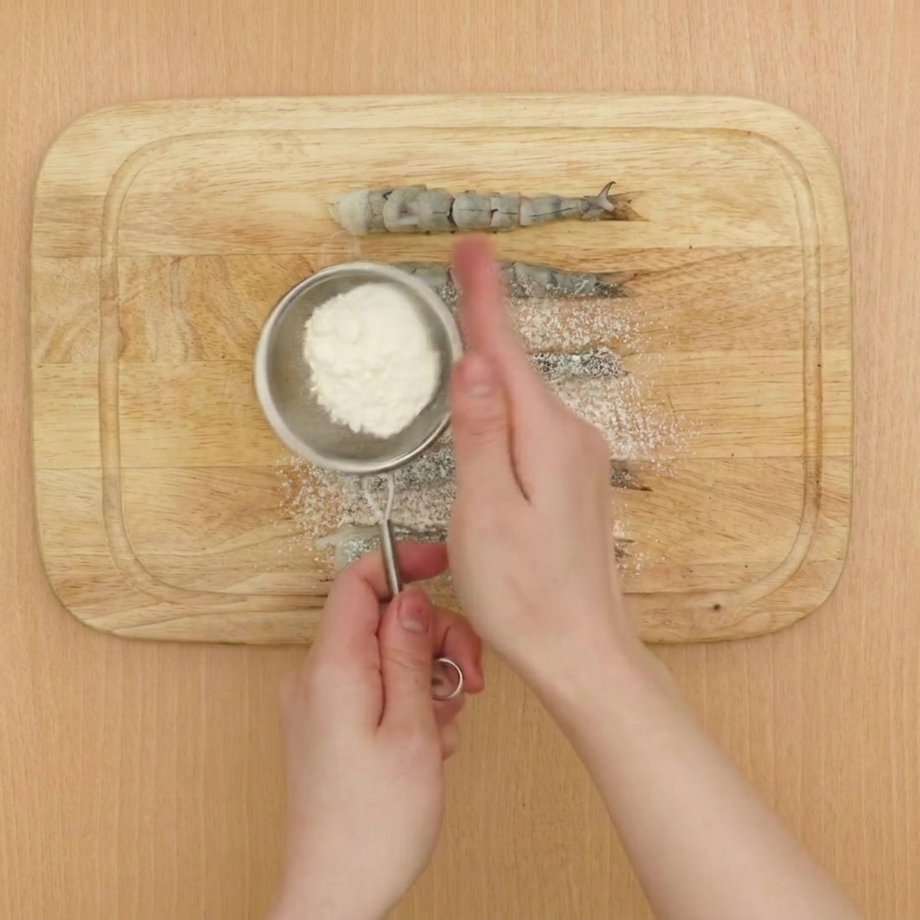 Tamizando harina baja en gluten sobre los camarones crudos en una tabla de madera.