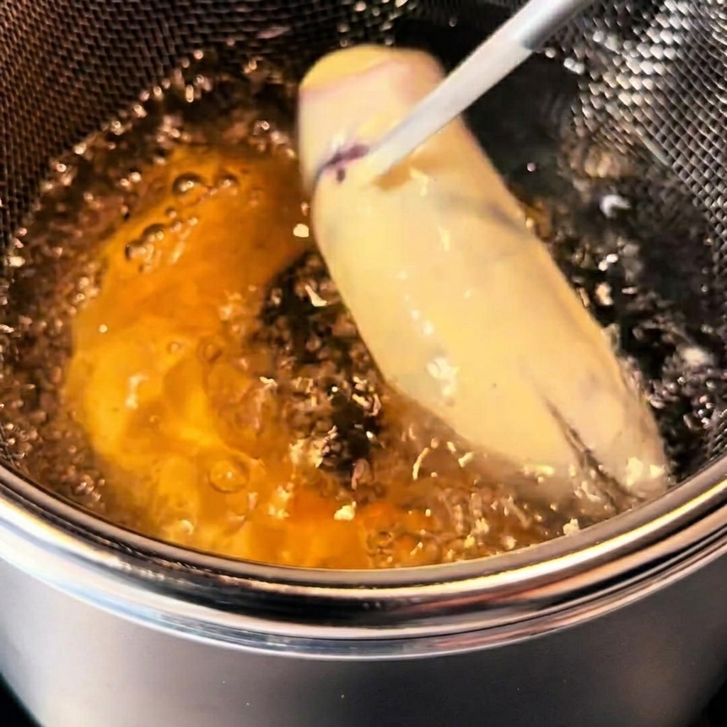 Piezas de tempura rebozadas friéndose en aceite caliente y burbujeante dentro de una olla de acero inoxidable.