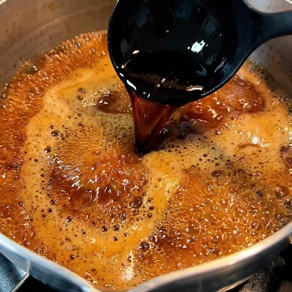 Un glaseado oscuro y sabroso a fuego lento en una cacerola pequeña, mostrando burbujas y una consistencia espesa y brillante.
