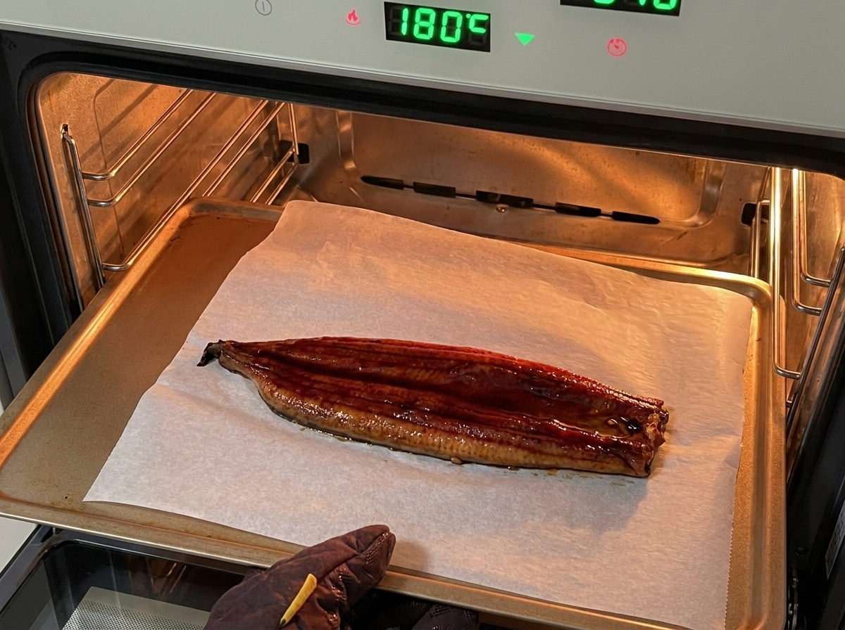 Un filete de unagi glaseado sobre papel de horno en un horno a 180°C.