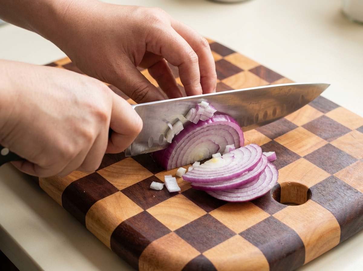 Una mano usando un cuchillo de chef para picar cebolla morada sobre una tabla de madera.