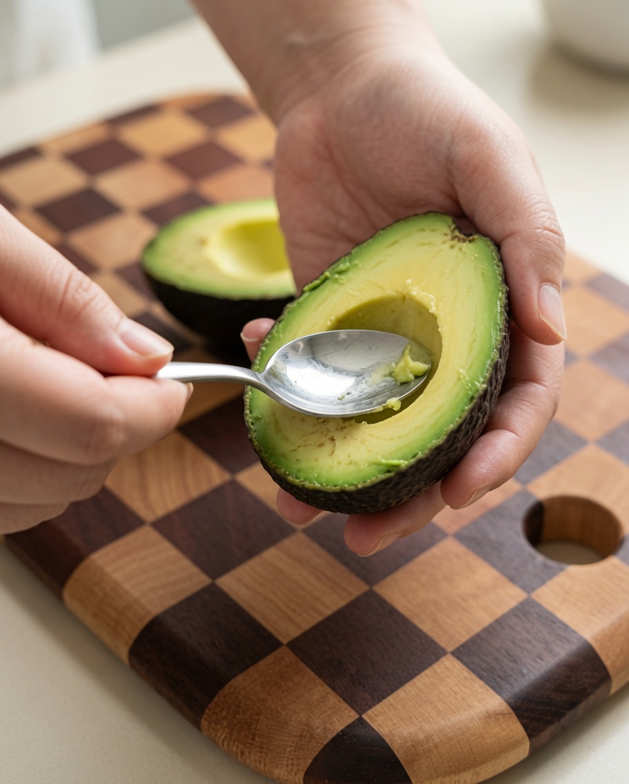 Una cuchara extrayendo la pulpa de medio aguacate.