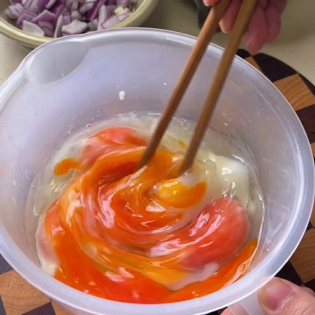 Huevos crudos siendo batidos con palillos en un bol.