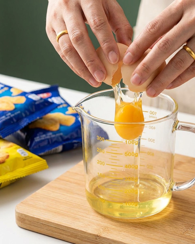 Huevos siendo batidos en una taza medidora con un chorrito de leche.