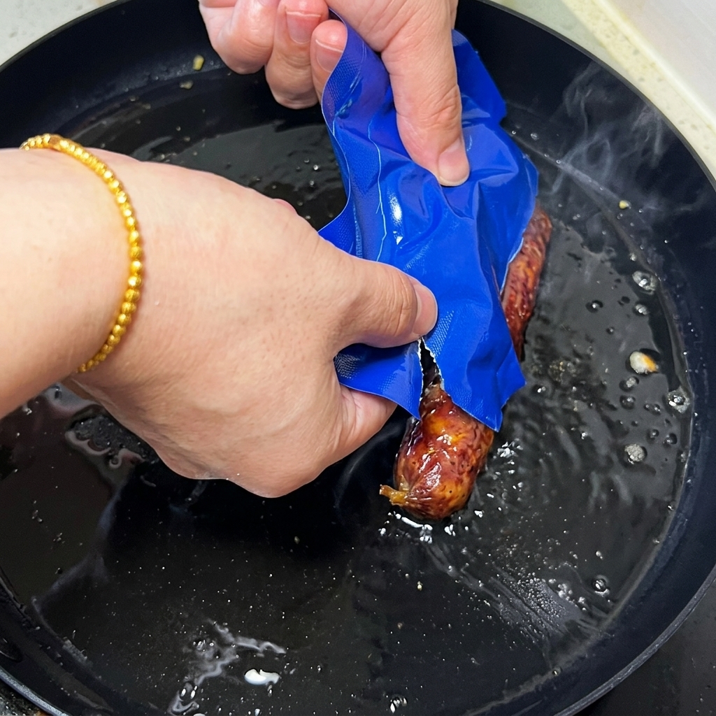 Filetes de anguila a la parrilla siendo colocados sobre los huevos cocidos en la sartén.