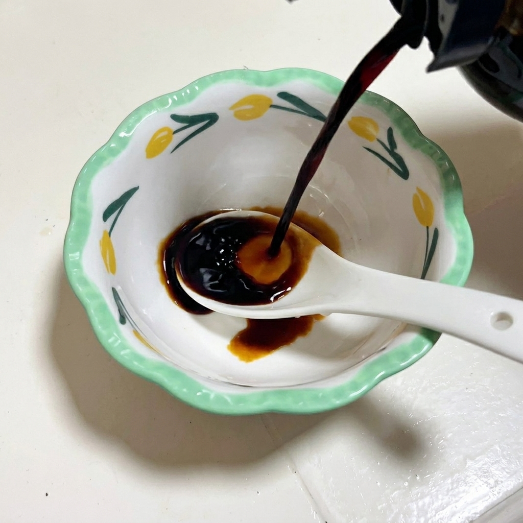 Una mezcla de salsa de soja y condimentos siendo removida en un pequeño cuenco decorado con una cuchara.