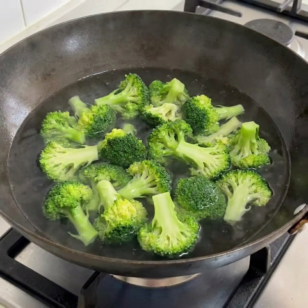 Brotes de brócoli hirviendo en una cacerola con agua.